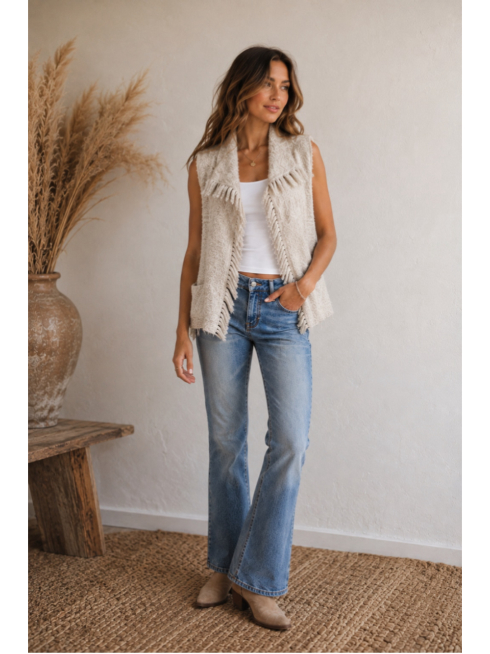 Aritzia Wilfred Free Oatmeal Fringe Vest Boho Alpaca Wool Italian Yarn Sz xxs
